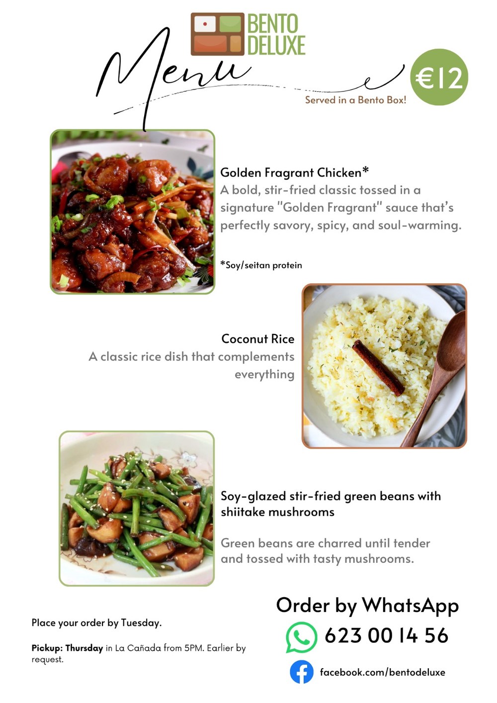 The Bento Deluxe menu card for 23 April 2026, listing Golden Fragrant Chicken, Coconut Rice and Soy-Glazed Green Beans and Shiitake