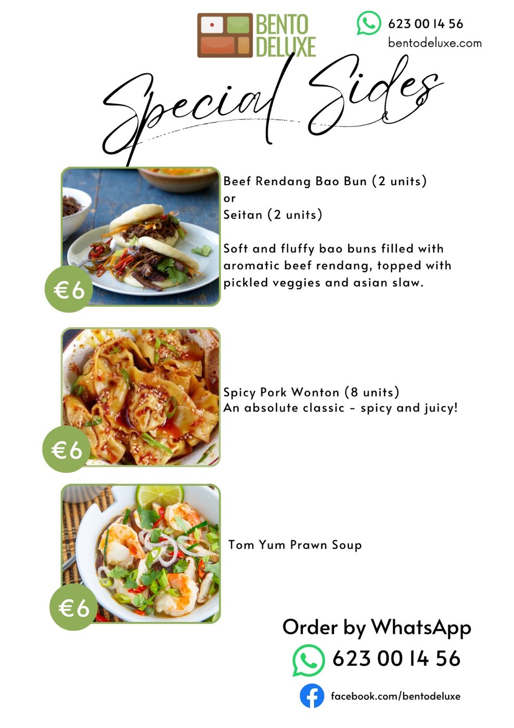 The Bento Deluxe sides card for 30 April 2026, listing Beef Rendang Bao Buns, Spicy Pork Wontons and Tom Yum Prawn Soup