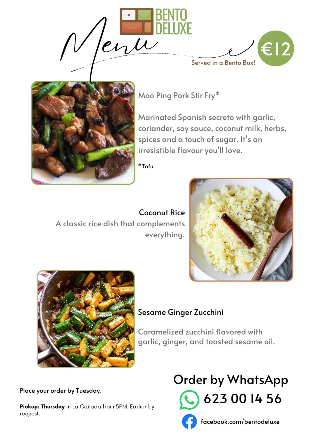 The Bento Deluxe menu card for 30 April 2026, listing Moo Ping Pork Stir Fry, Coconut Rice and Sesame Ginger Zucchini