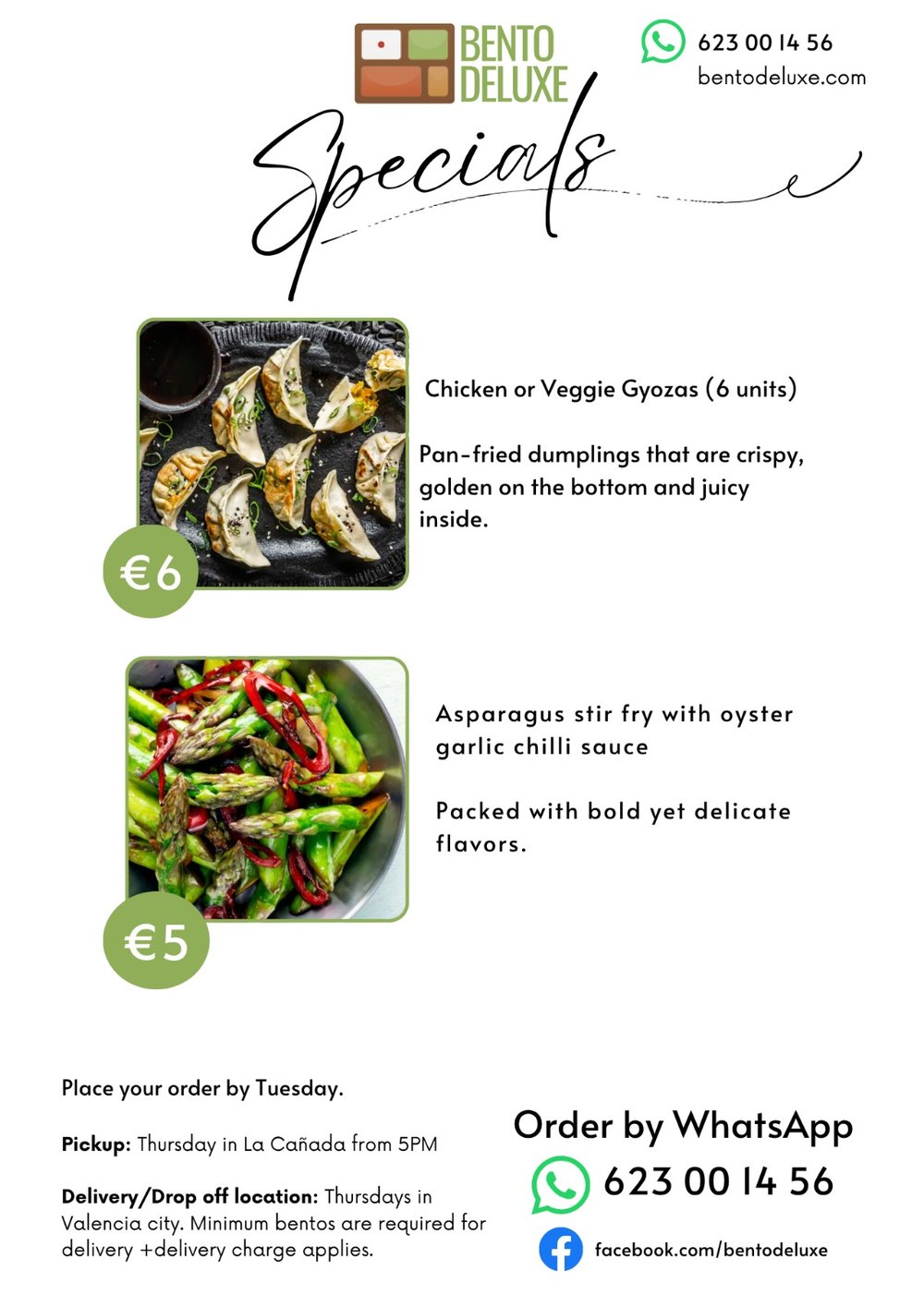 The Bento Deluxe sides card for 7 May 2026, listing Chicken or Veggie Gyozas and Asparagus Stir Fry