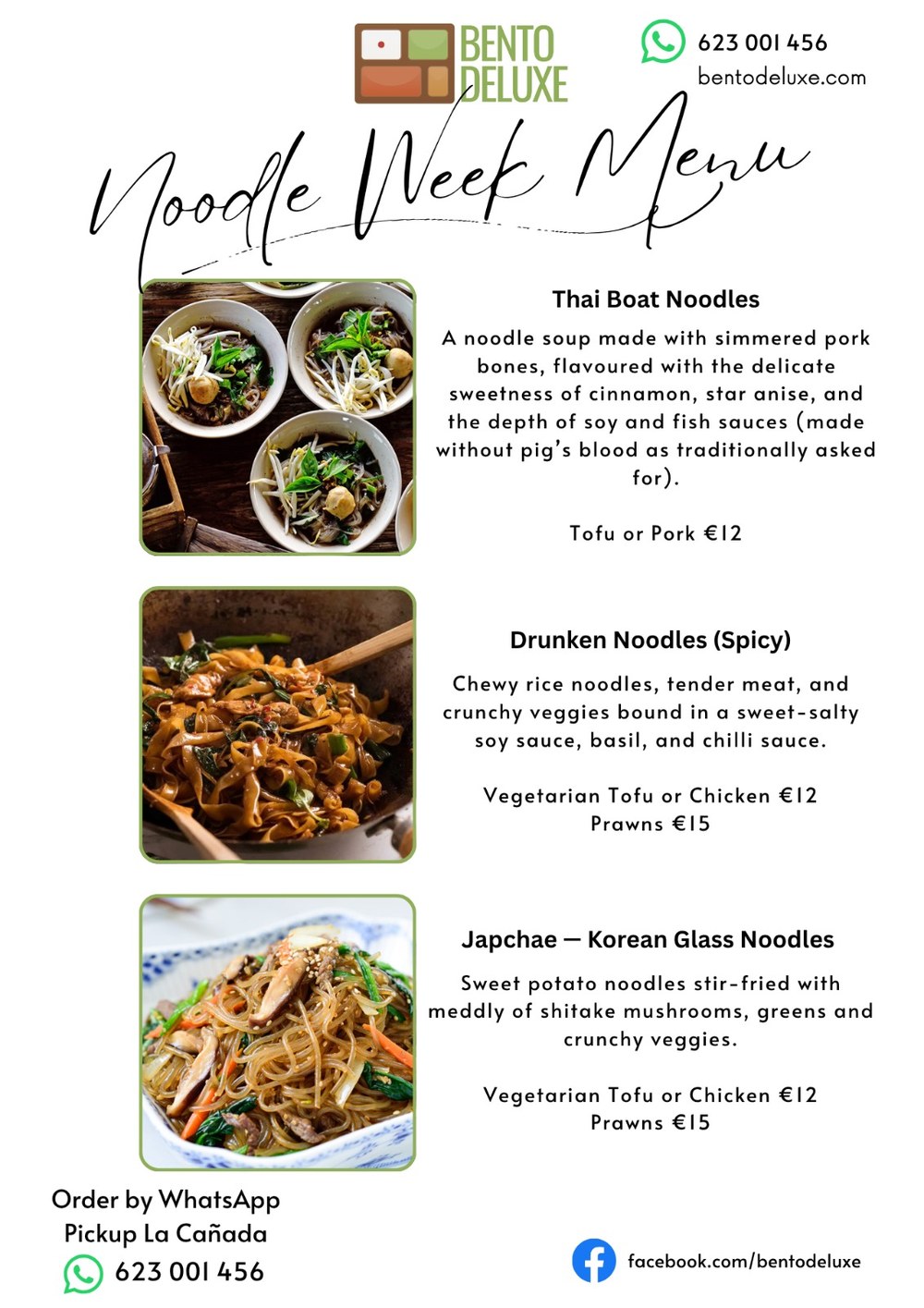 The Bento Deluxe menu card for 7 May 2026, listing Thai Boat Noodles, Drunken Noodles and Japchae