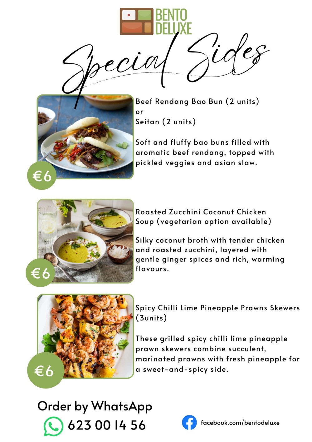 The Bento Deluxe sides card for 14 May 2026, listing Beef Rendang Bao Buns, Roasted Zucchini Coconut Chicken Soup and Spicy Chilli Lime Pineapple Prawn Skewers