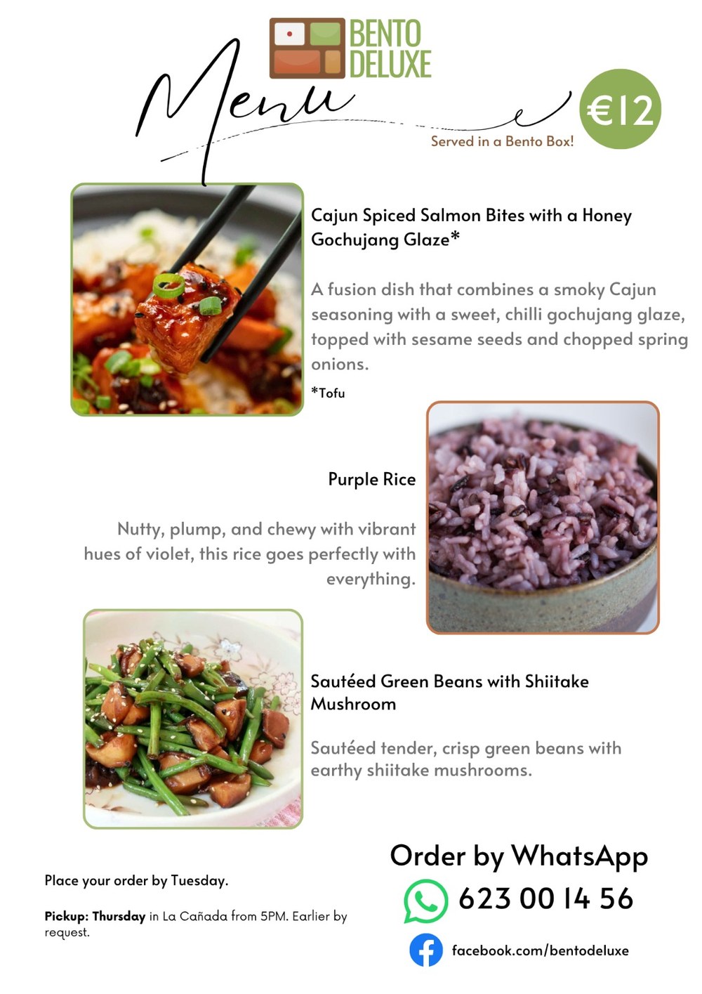 The Bento Deluxe menu card for 14 May 2026, listing Cajun Spiced Salmon Bites, Purple Rice and Sautéed Green Beans and Shiitake Mushrooms