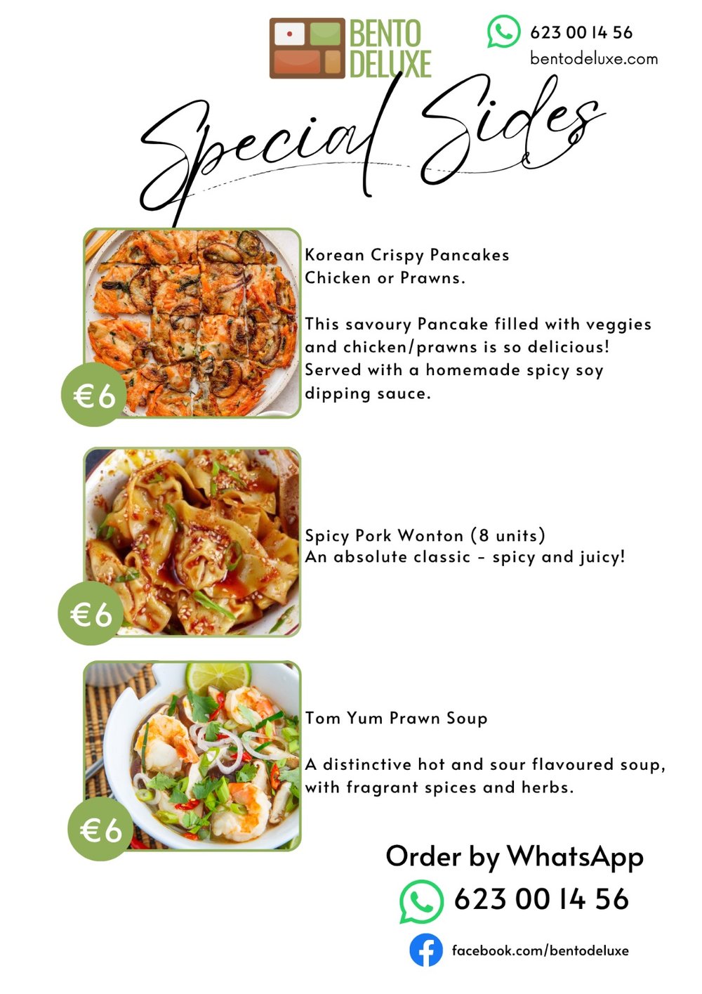 The Bento Deluxe sides card for 21 May 2026, listing Korean Crispy Pancakes, Spicy Pork Wontons and Tom Yum Prawn Soup