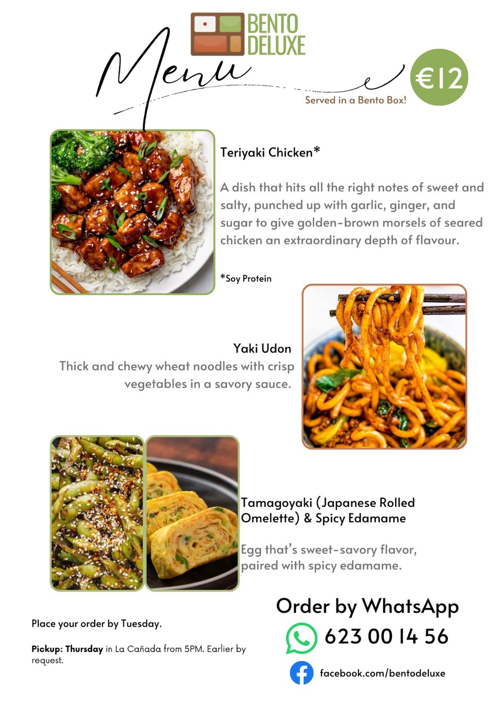 The Bento Deluxe menu card for 21 May 2026, listing Teriyaki Chicken, Yaki Udon and Tamagoyaki & Spicy Edamame