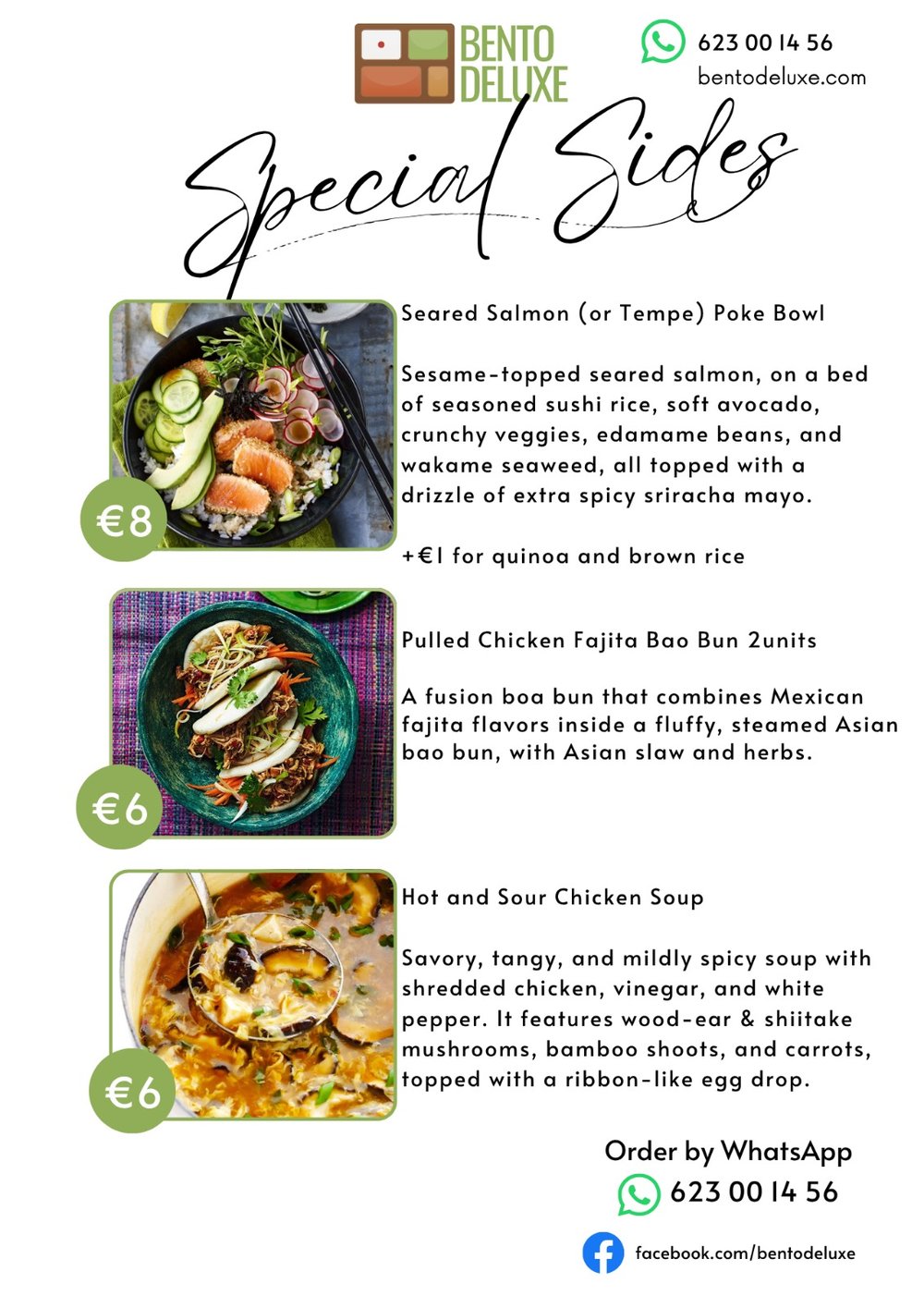 The Bento Deluxe sides card for 28 May 2026, listing Seared Salmon or Tempeh Poke Bowl, Pulled Chicken Fajita Bao Bun and Hot and Sour Chicken Soup