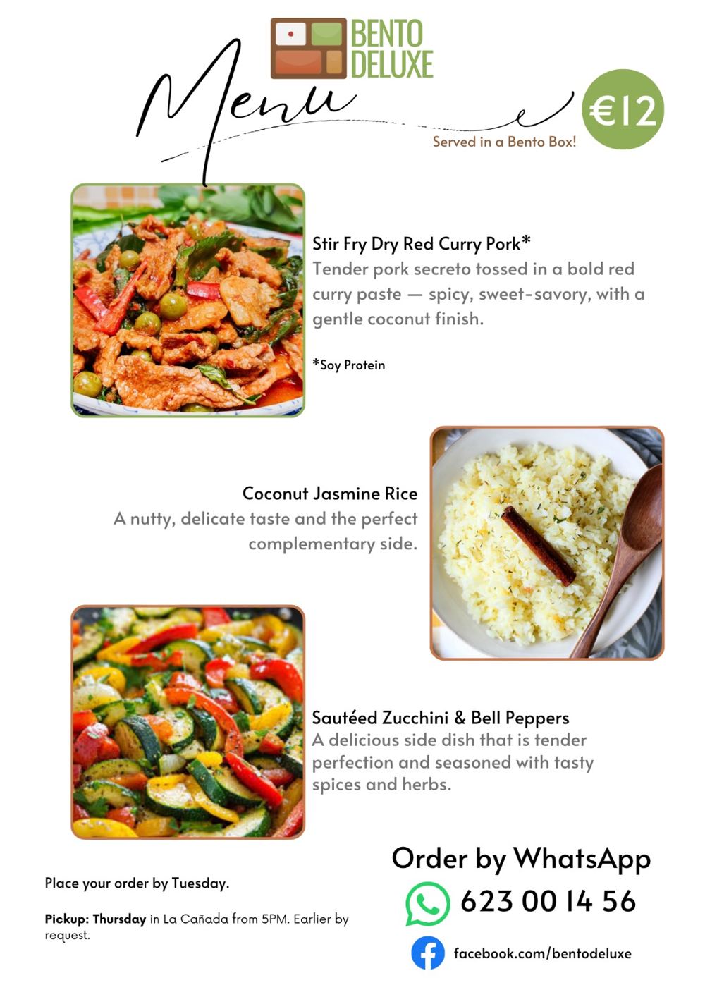 The Bento Deluxe menu card for 28 May 2026, listing Stir Fry Dry Red Curry Pork, Coconut Jasmine Rice and Sautéed Zucchini & Bell Peppers