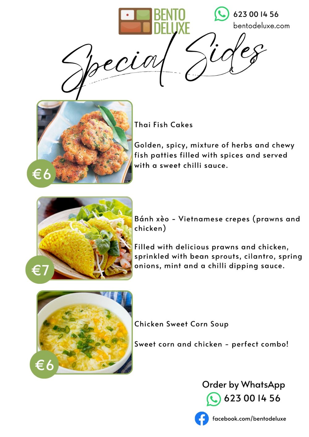 The Bento Deluxe sides card for 4 June 2026, listing Home-made Thai Fish Cakes, Bánh xèo and Chicken Sweet Corn Soup