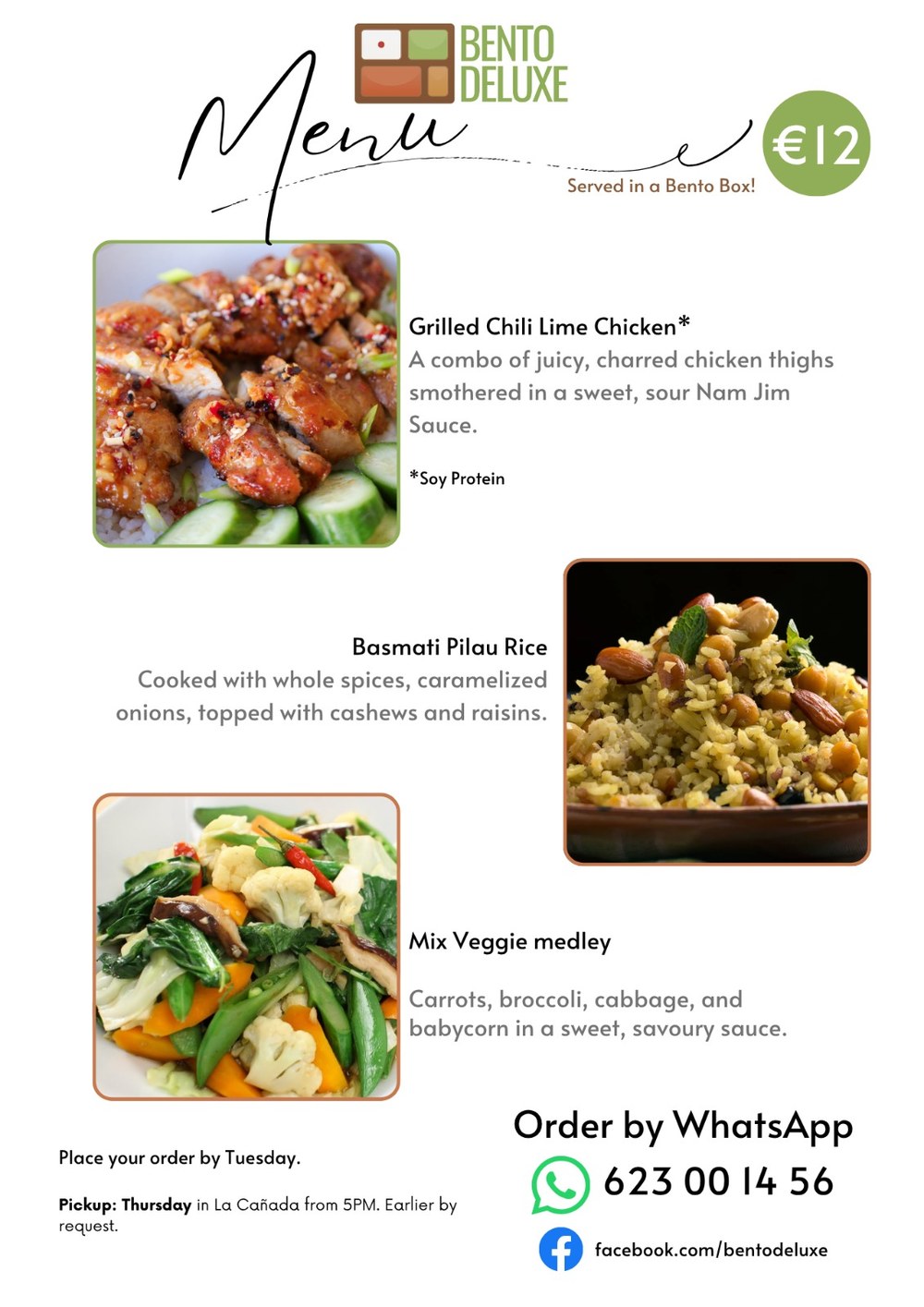 The Bento Deluxe menu card for 4 June 2026, listing Grilled Chili Lime Chicken, Basmati Pilau Rice and Mix Veggie Medley