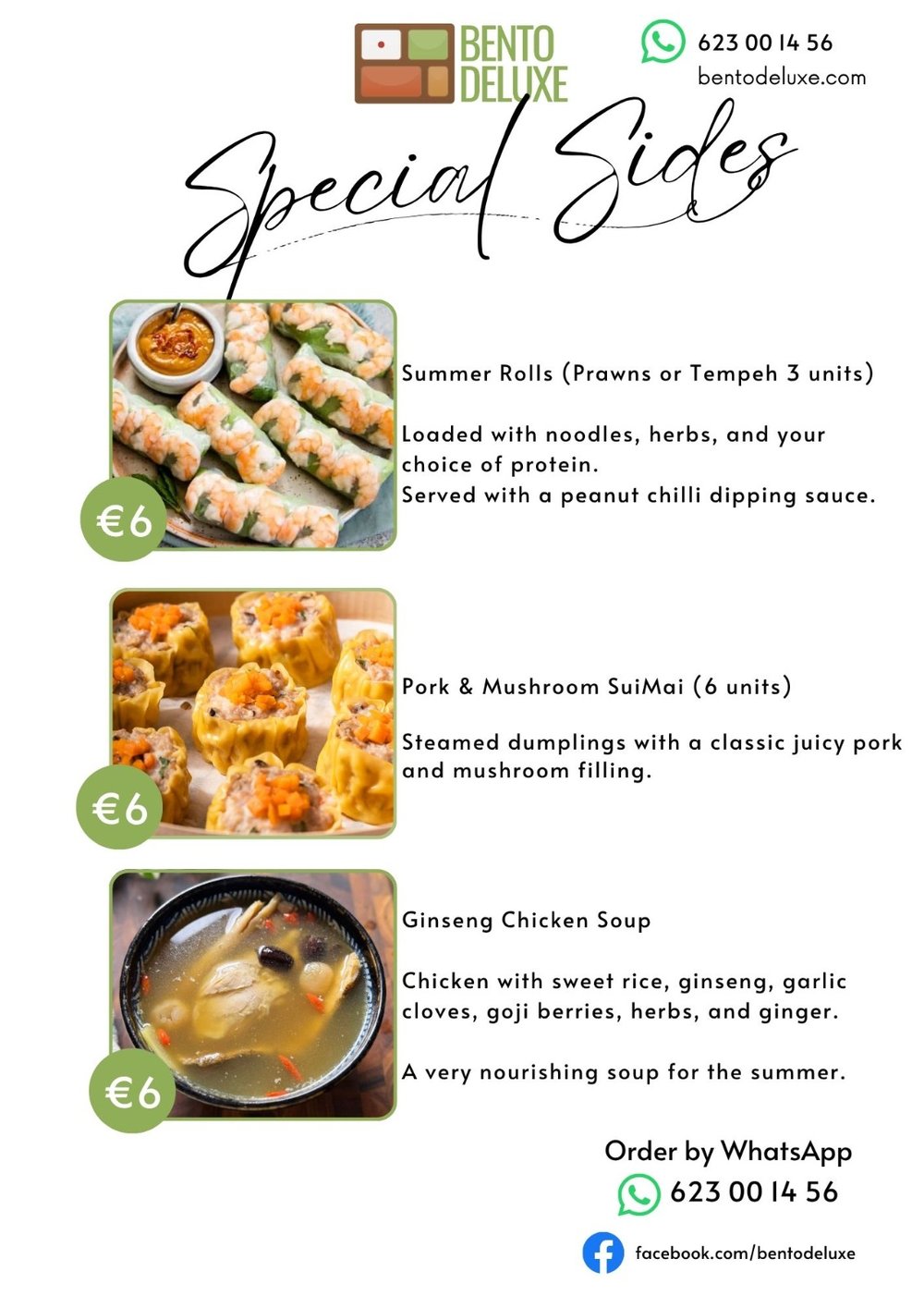 The Bento Deluxe sides card for 11 June 2026, listing Summer Rolls, Pork & Mushroom SuiMai and Ginseng Chicken Soup