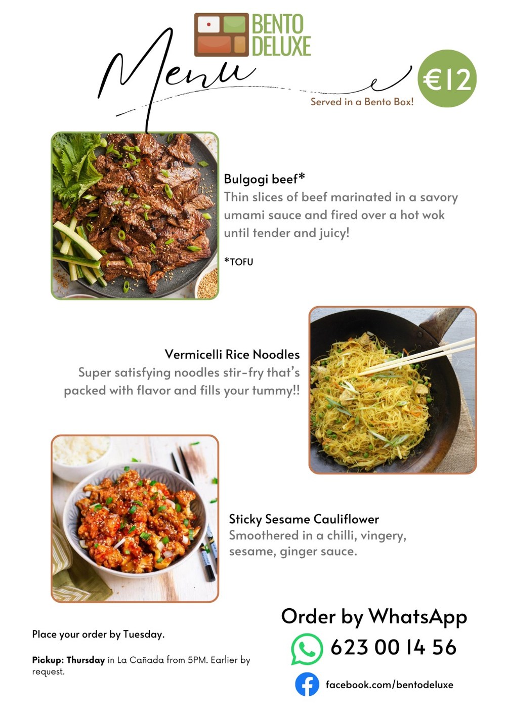 The Bento Deluxe menu card for 11 June 2026, listing Bulgogi Beef, Vermicelli Rice Noodles and Sticky Sesame Cauliflowers