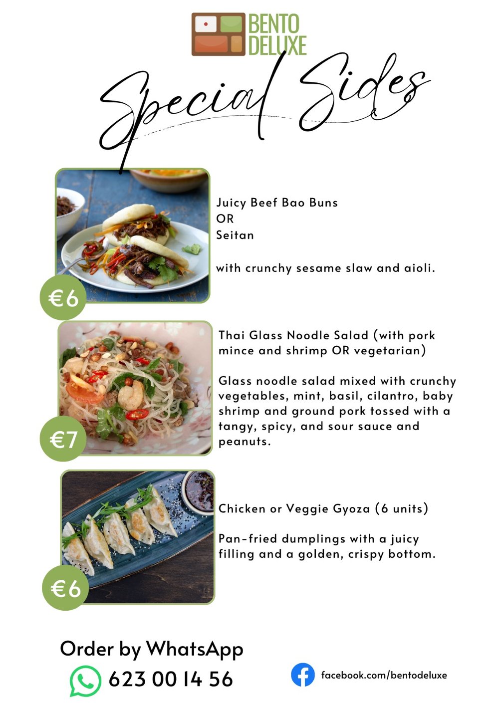 The Bento Deluxe sides card for 18 June 2026, listing Juicy Beef Bao Buns, Thai Glass Noodle Salad and Chicken or Veggie Gyoza