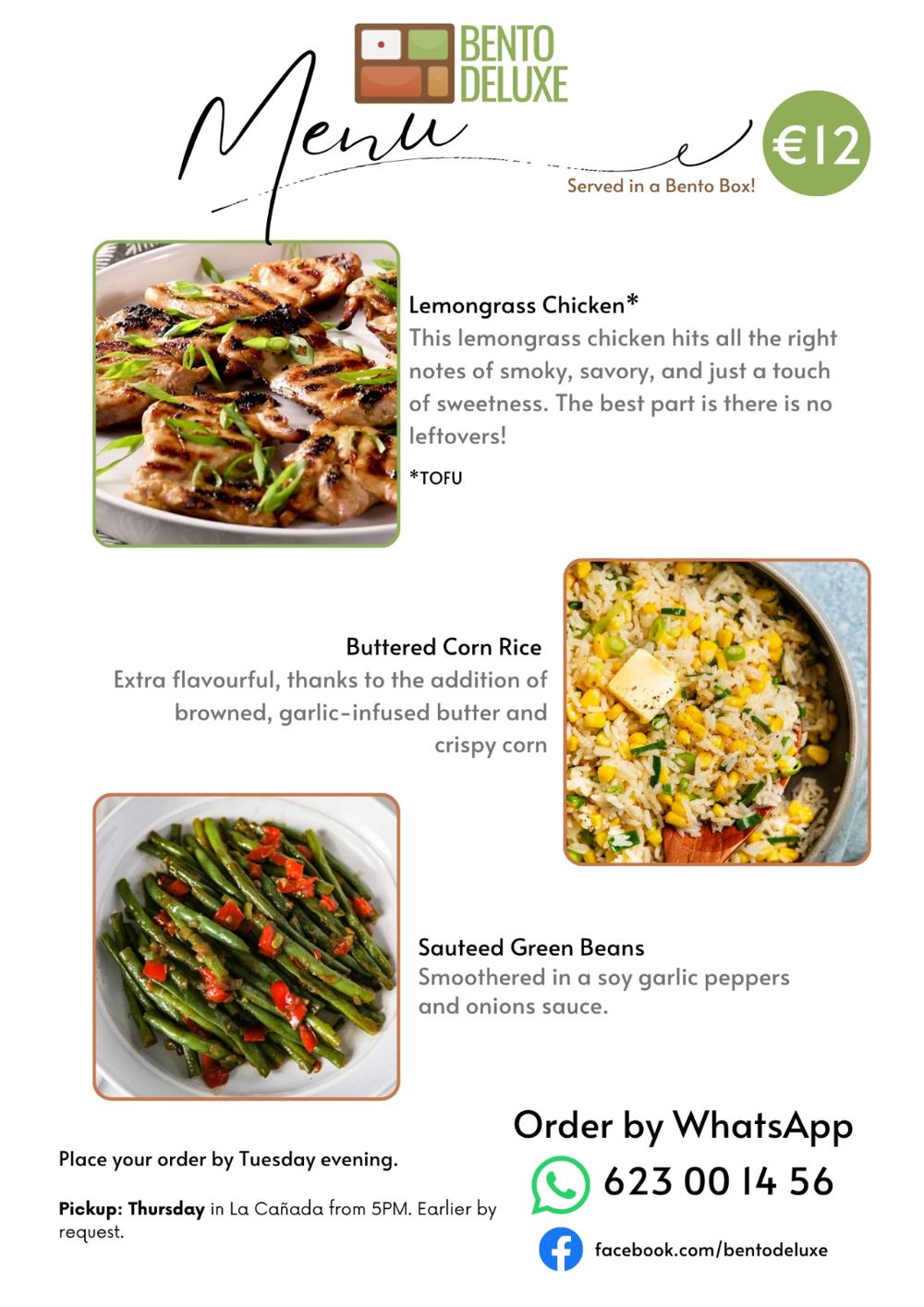 The Bento Deluxe menu card for 18 June 2026, listing Lemongrass Chicken, Buttered Corn Rice and Sautéed Green Beans
