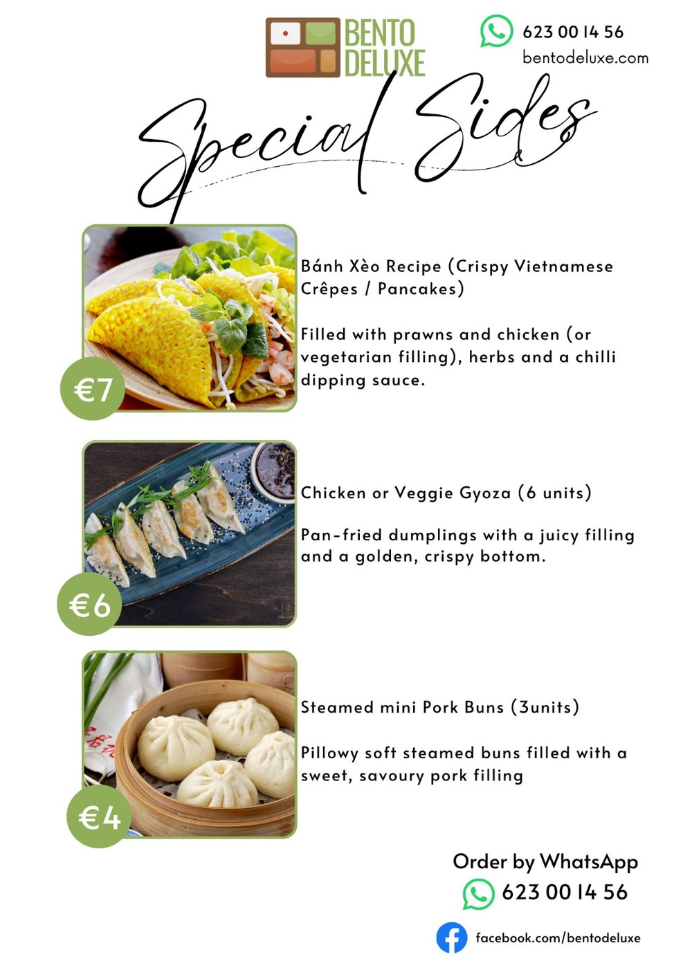 The Bento Deluxe sides card for 25 June 2026, listing Bánh Xèo, Chicken or Veggie Gyoza and Steamed Mini Pork Buns