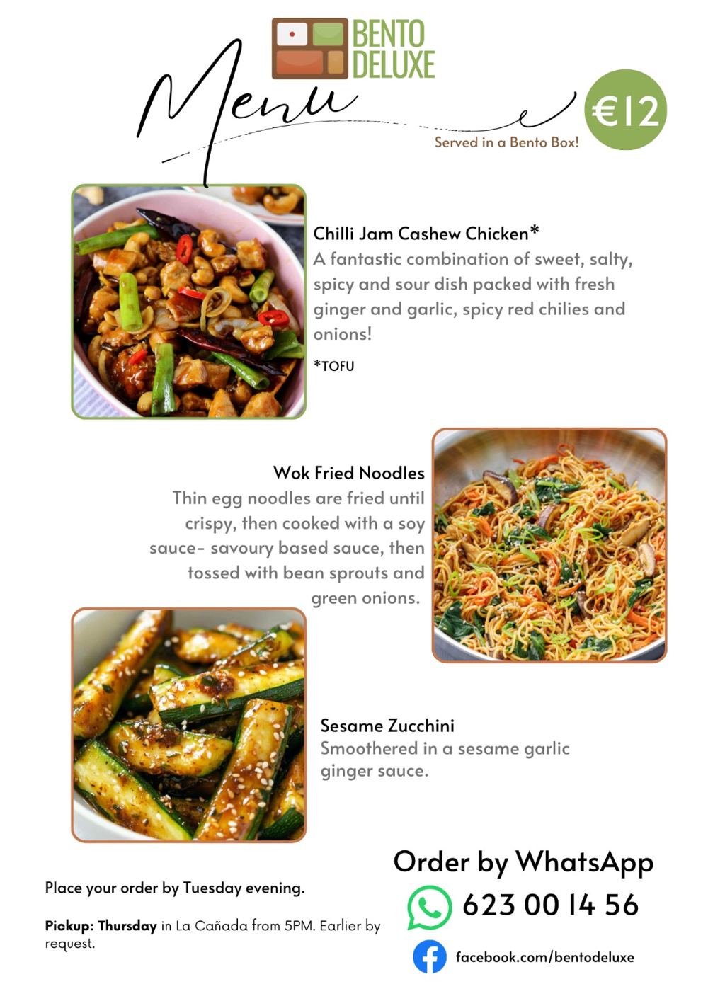 The Bento Deluxe menu card for 25 June 2026, listing Chilli Jam Cashew Chicken, Wok Fried Noodles and Sesame Zucchini