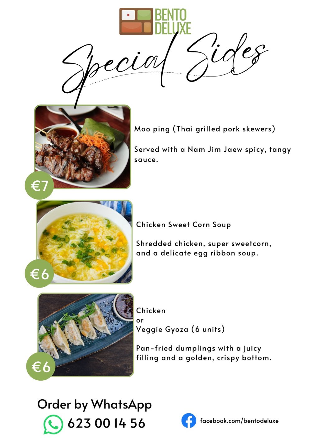 The Bento Deluxe sides card for 2 July 2026, listing Grilled pork skewers, Chicken sweet corn soup and Chicken or veggie Gyozas
