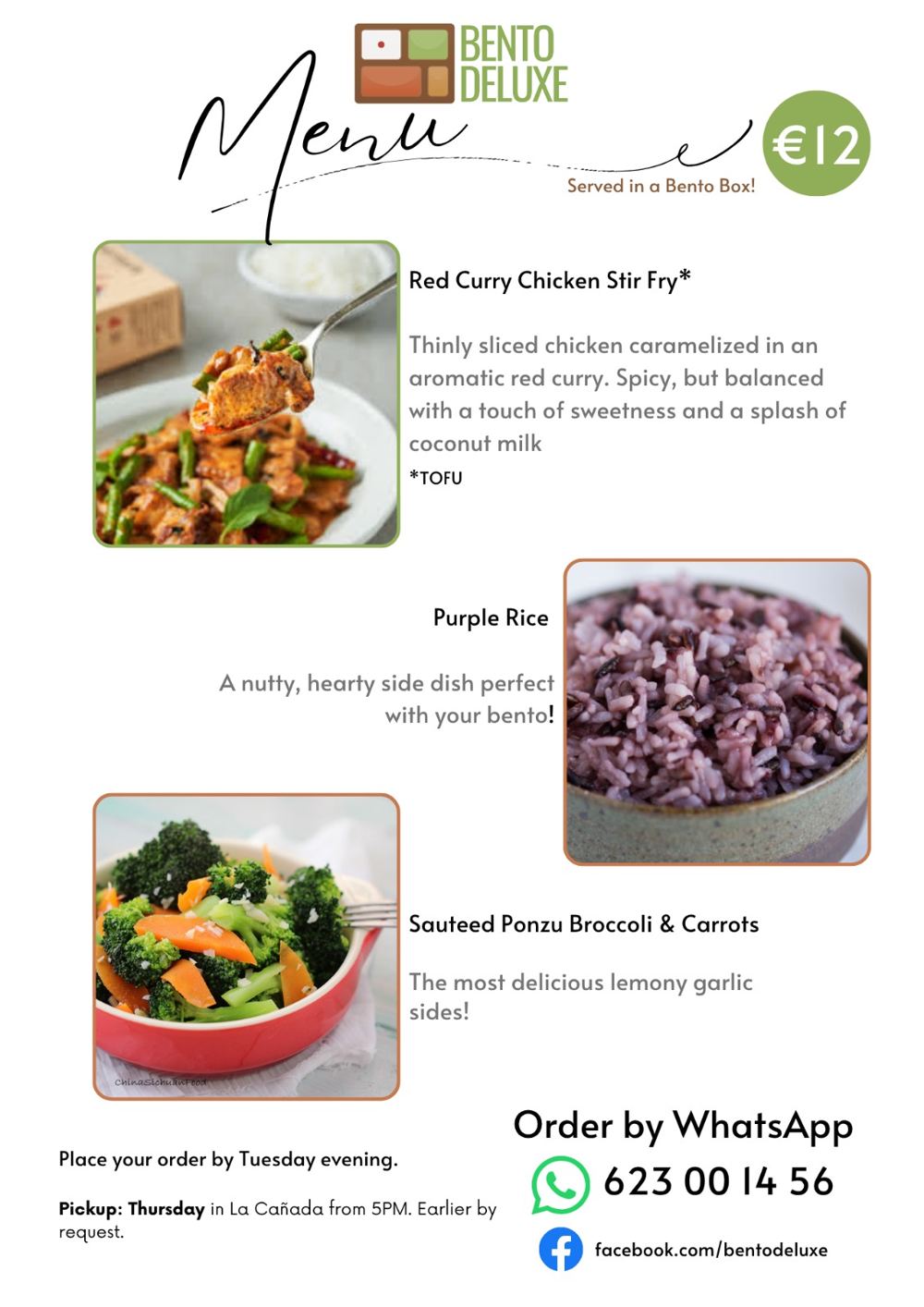 The Bento Deluxe menu card for 2 July 2026, listing Red Curry Chicken Stir Fry, Purple Rice and Sautéed Ponzu Broccoli & Carrots