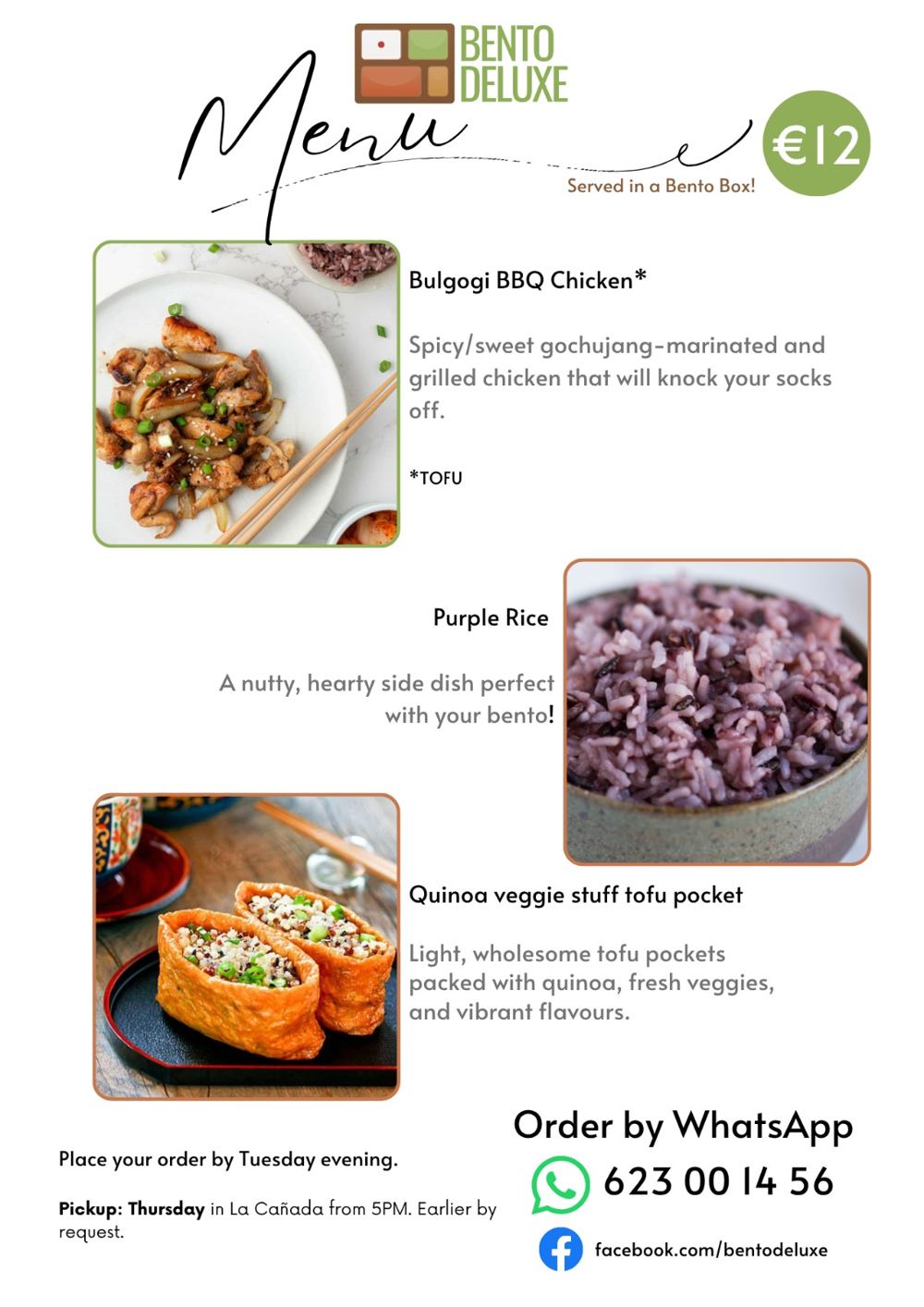 The Bento Deluxe menu card for 9 July 2026, listing Bulgogi BBQ Chicken, Purple Rice and Quinoa-Stuffed Tofu Pocket