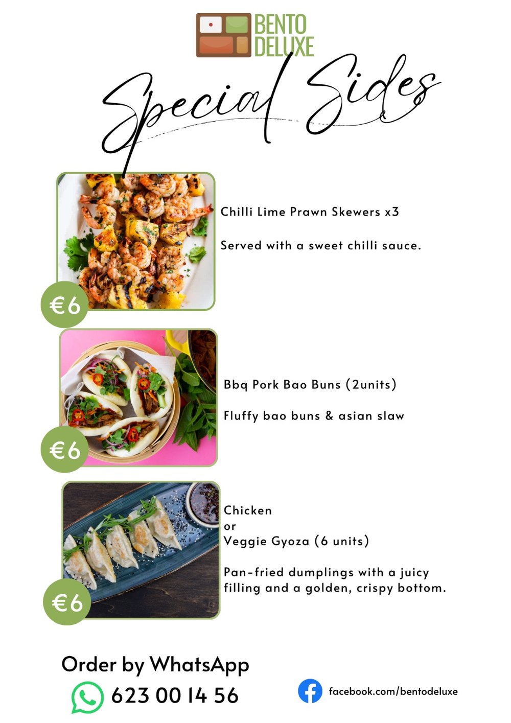 The Bento Deluxe sides card for 23 July 2026, listing Chilli Lime Prawn Skewers, BBQ Pork Bao Buns and Chicken or Veggie Gyoza