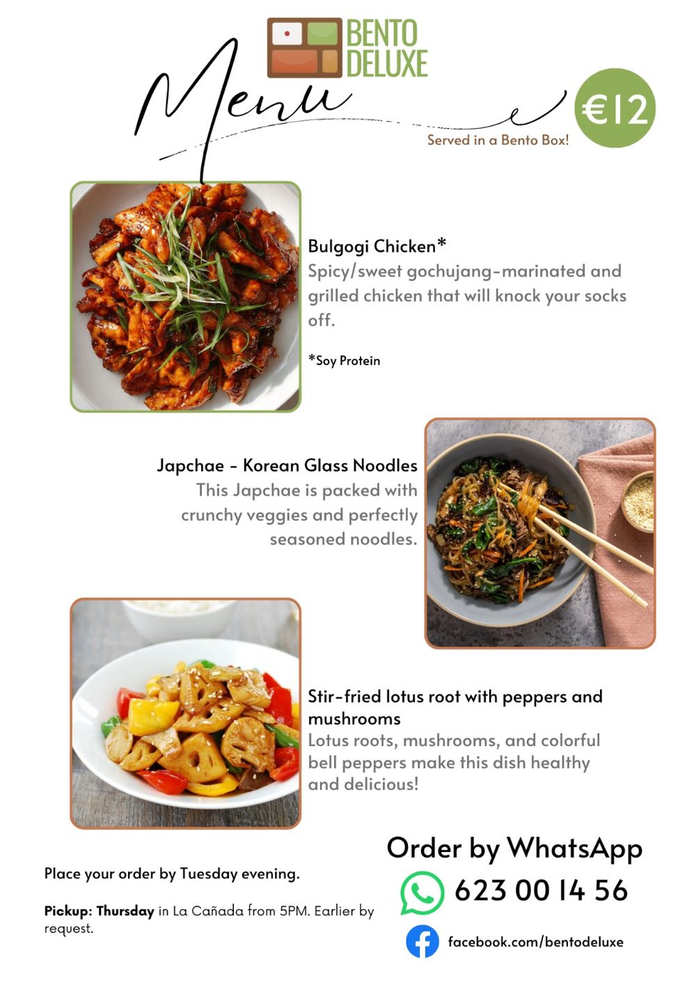 The Bento Deluxe menu card for 23 July 2026, listing Bulgogi Chicken, Japchae and Stir-fried Lotus Root with Peppers and Mushrooms