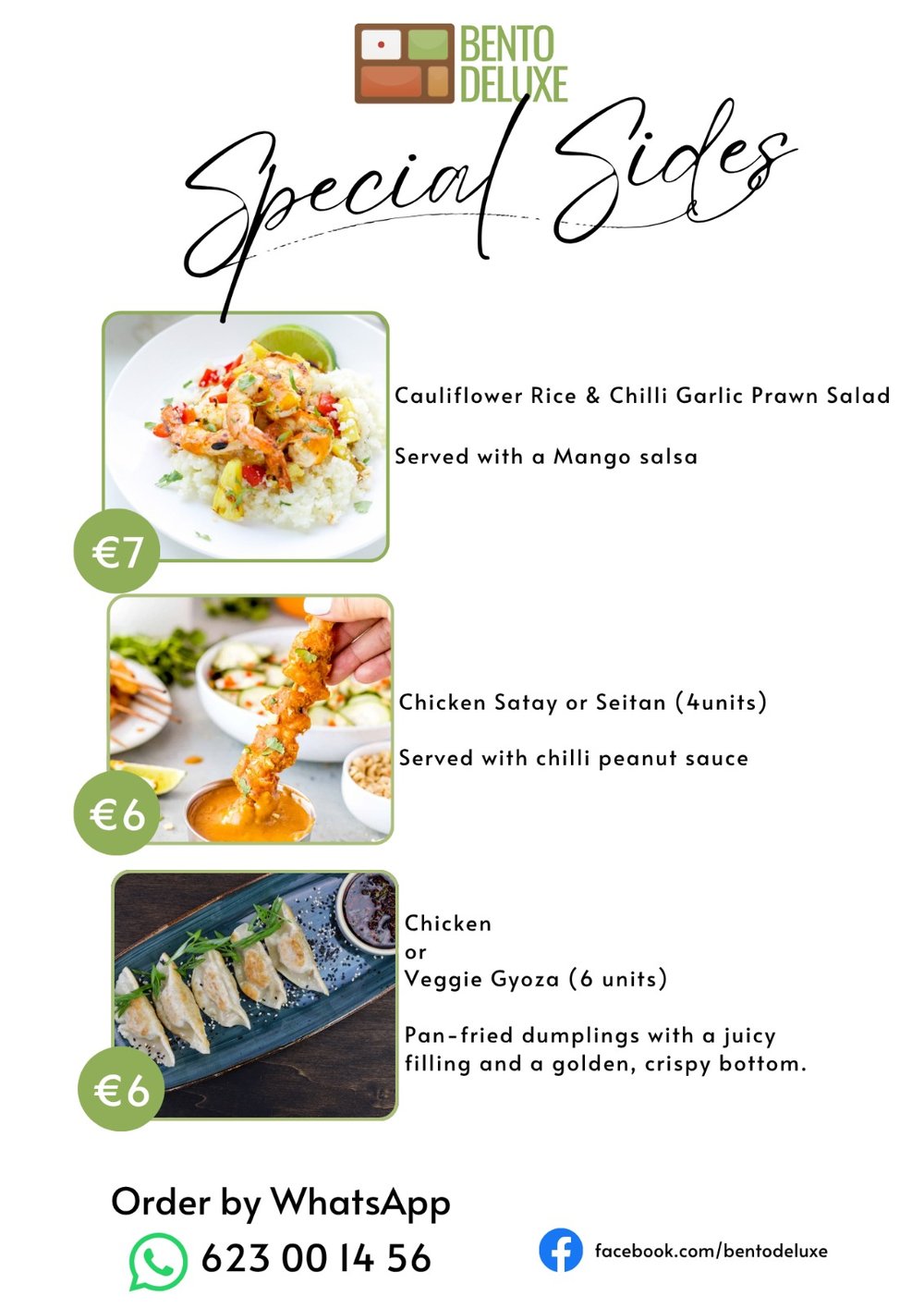 The Bento Deluxe sides card for 30 July 2026, listing Cauliflower Rice and Chilli Garlic Prawn Salad, Chicken Satay or Seitan and Chicken or Veggie Gyoza