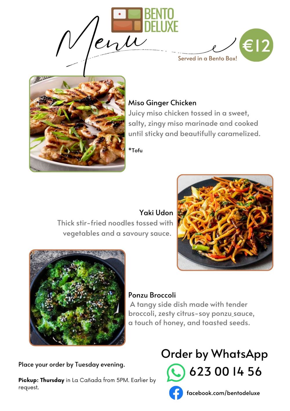 The Bento Deluxe menu card for 30 July 2026, listing Miso Ginger Chicken, Yaki Udon and Ponzu Broccoli