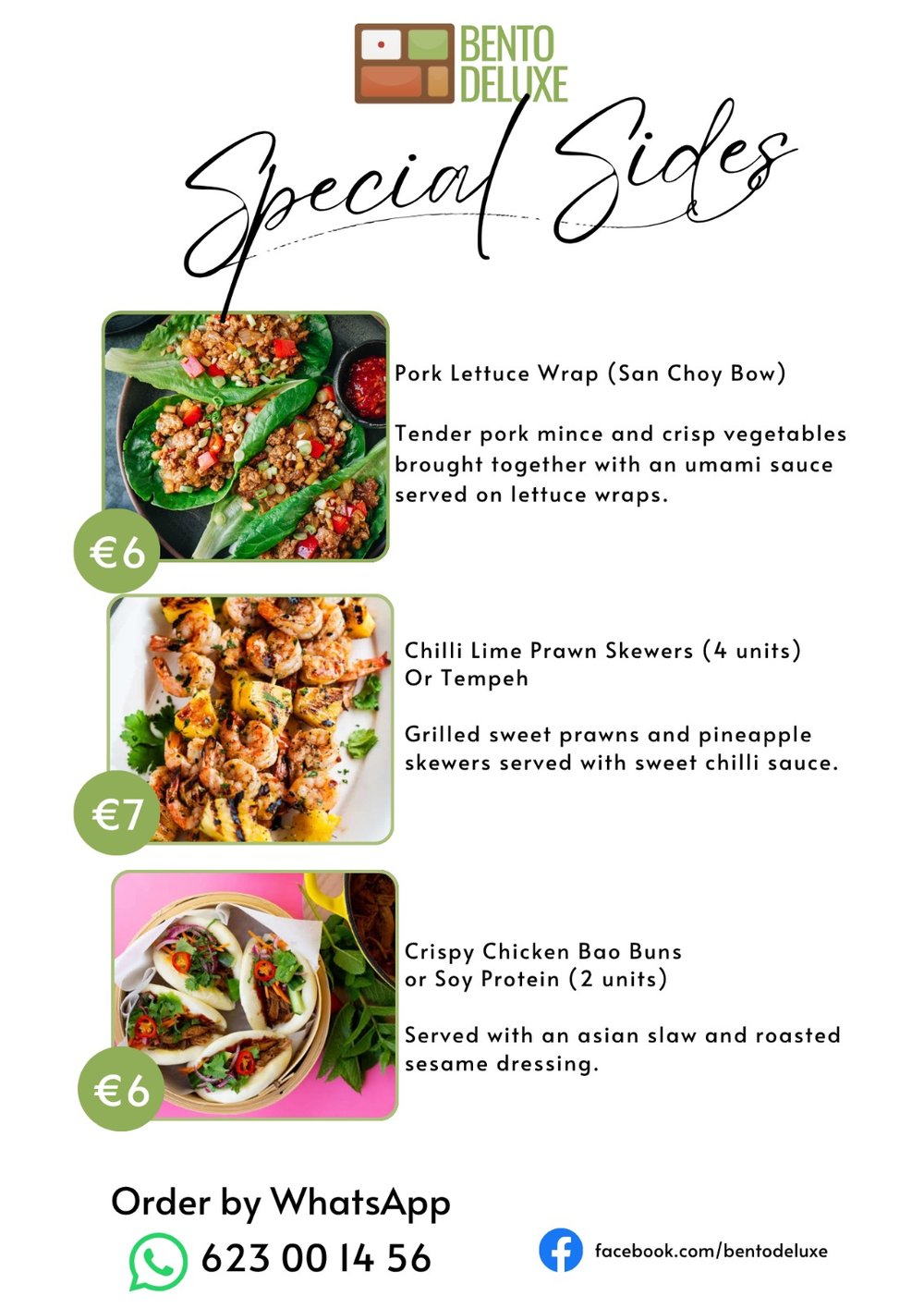 The Bento Deluxe sides card for 6 August 2026, listing Pork Lettuce Wrap (San Choy Bow), Chilli Lime Prawn Skewers and Crispy Chicken Bao Buns