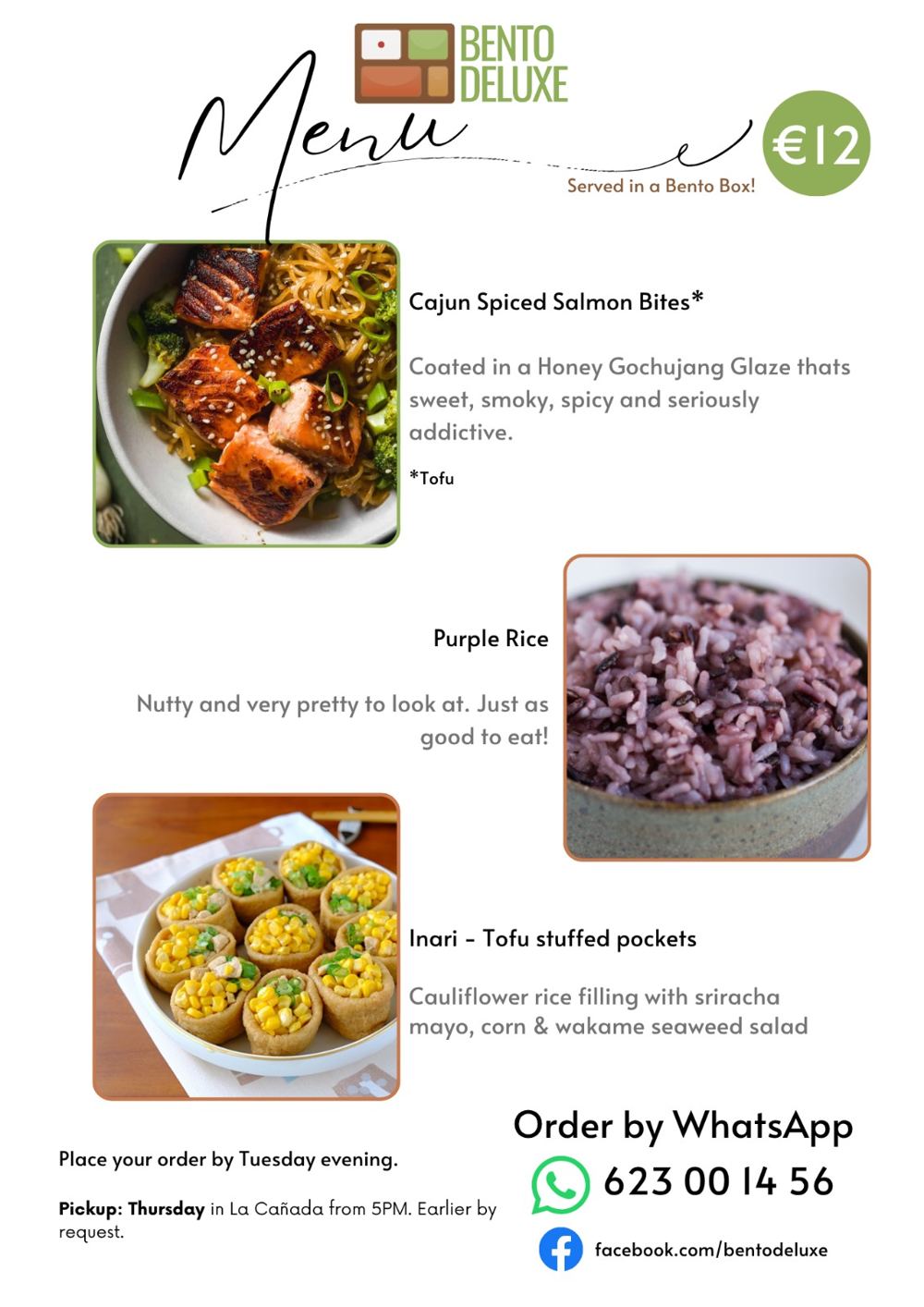 The Bento Deluxe menu card for 6 August 2026, listing Cajun Spiced Salmon Bites, Purple Rice and Inari