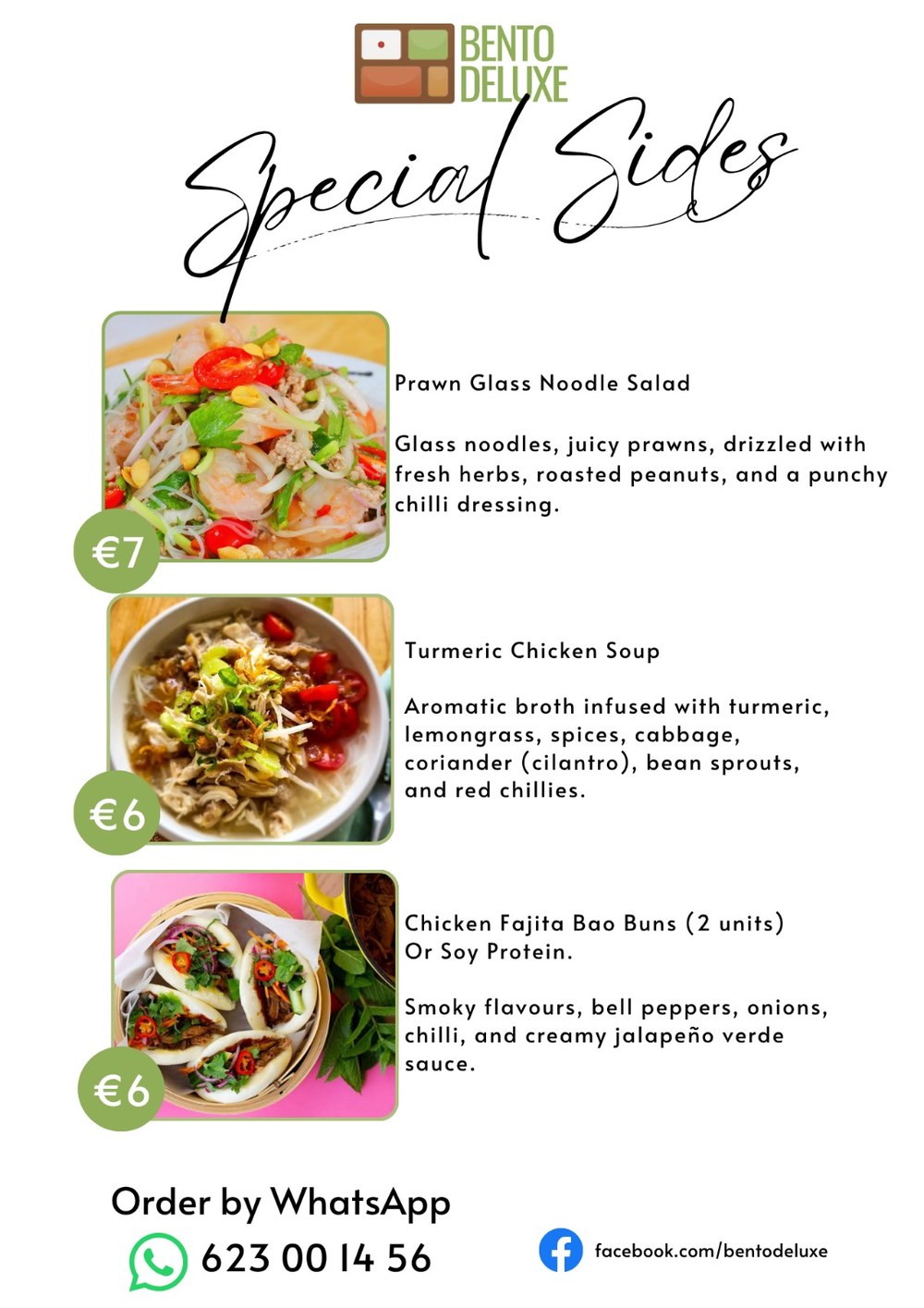 The Bento Deluxe sides card for 13 August 2026, listing Prawn Glass Noodle Salad, Turmeric Chicken Soup and Chicken Fajita Bao Buns