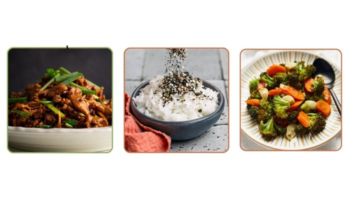 This week's bento, Garlic Ginger Pork, Furikake Topped Rice, Carrots and Broccoli