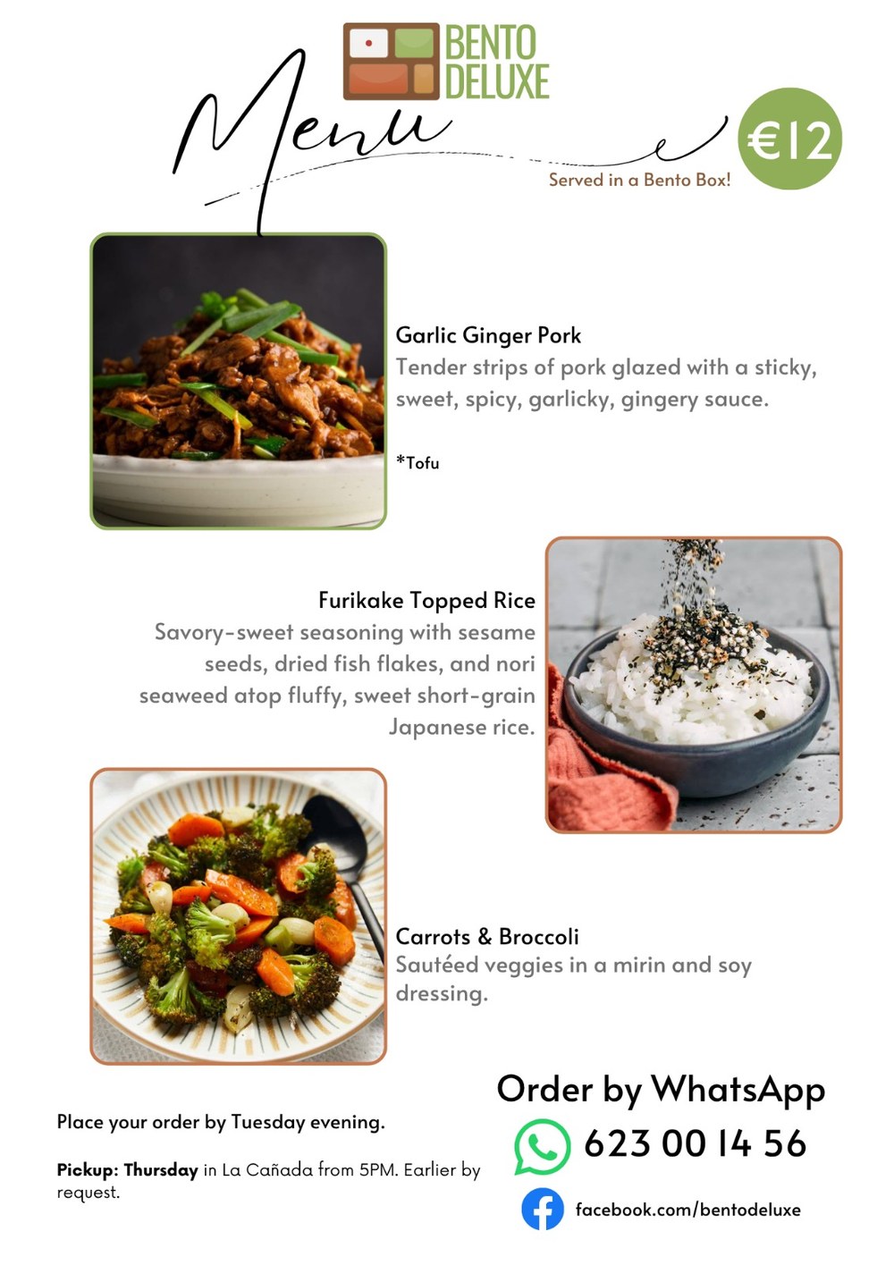 The Bento Deluxe menu card for 13 August 2026, listing Garlic Ginger Pork, Furikake Topped Rice and Carrots and Broccoli