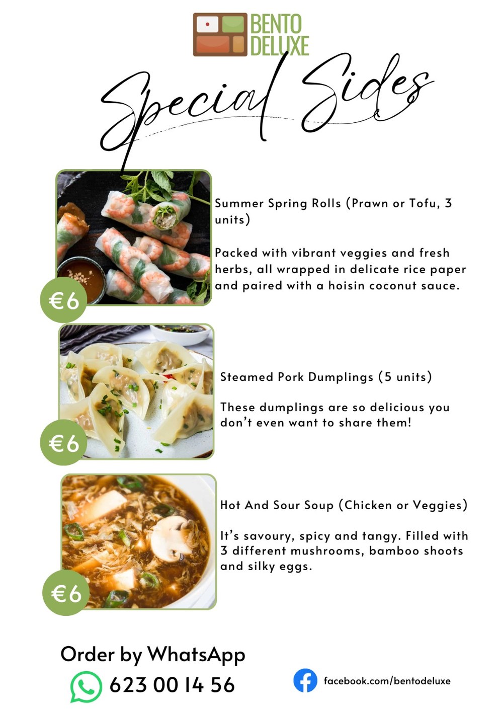 The Bento Deluxe sides card for 20 August 2026, listing Summer Spring Rolls, Steamed Pork Dumplings and Hot and Sour Soup