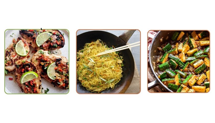 This week's bento, Grilled Lemongrass Chicken, Singapore Noodles, Zucchini Stir Fry