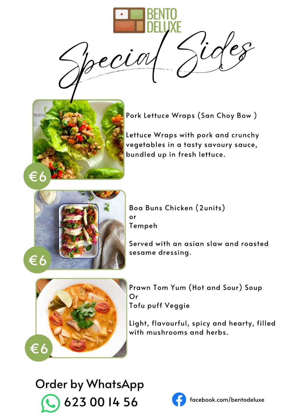 The Bento Deluxe sides card for 27 August 2026, listing Pork Lettuce Wraps, Bao Buns Chicken and Prawn Tom Yum Soup