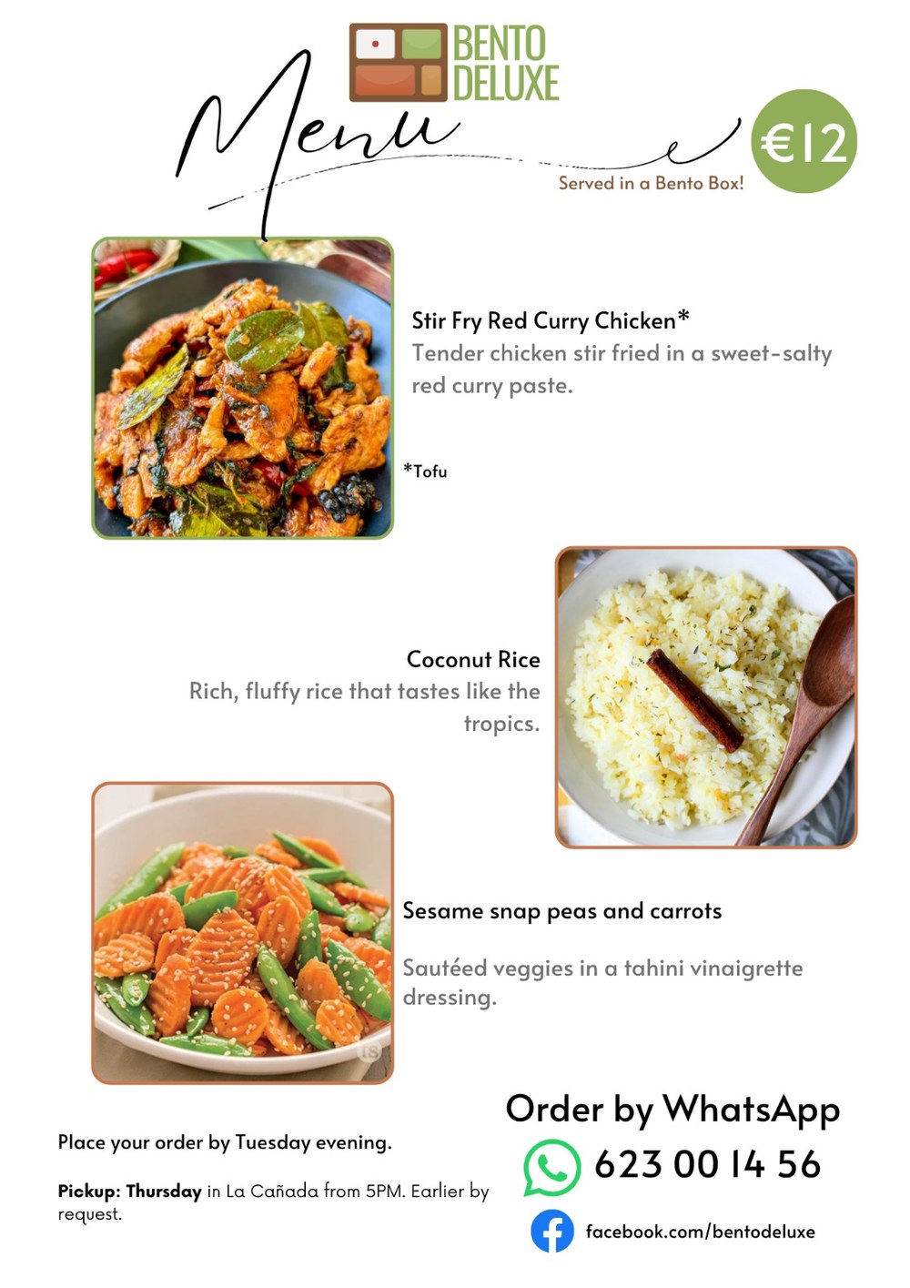 The Bento Deluxe menu card for 27 August 2026, listing Stir Fry Red Curry Chicken, Coconut Rice and Sesame Snap Peas and Carrots