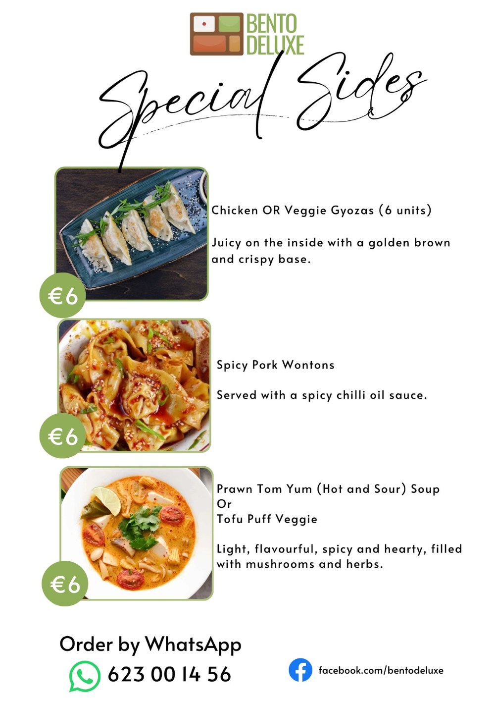The Bento Deluxe sides card for 3 September 2026, listing Chicken or Veggie Gyozas, Spicy Pork Wontons and Prawn Tom Yum Soup