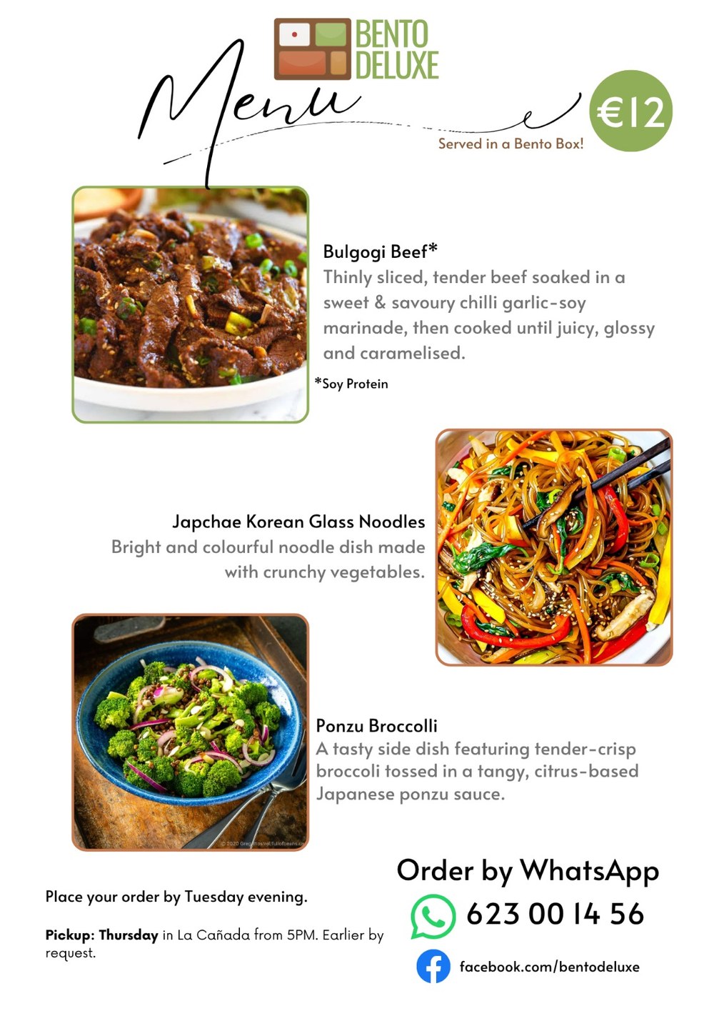 The Bento Deluxe menu card for 3 September 2026, listing Bulgogi Beef, Japchae Korean Glass Noodles and Ponzu Broccoli