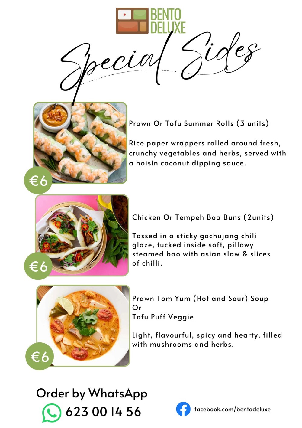 The Bento Deluxe sides card for 10 September 2026, listing Prawn or Tofu Summer Rolls, Chicken or Tempeh Bao Buns and Prawn Tom Yum Soup