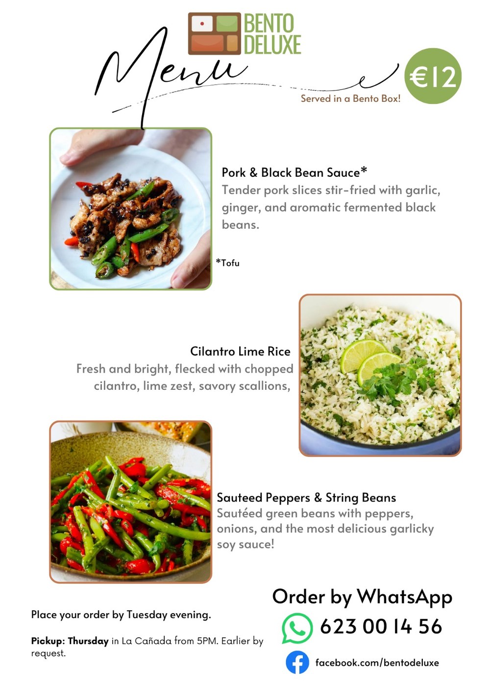 The Bento Deluxe menu card for 10 September 2026, listing Pork & Black Bean Sauce, Cilantro Lime Rice and Sauteed Peppers & String Beans
