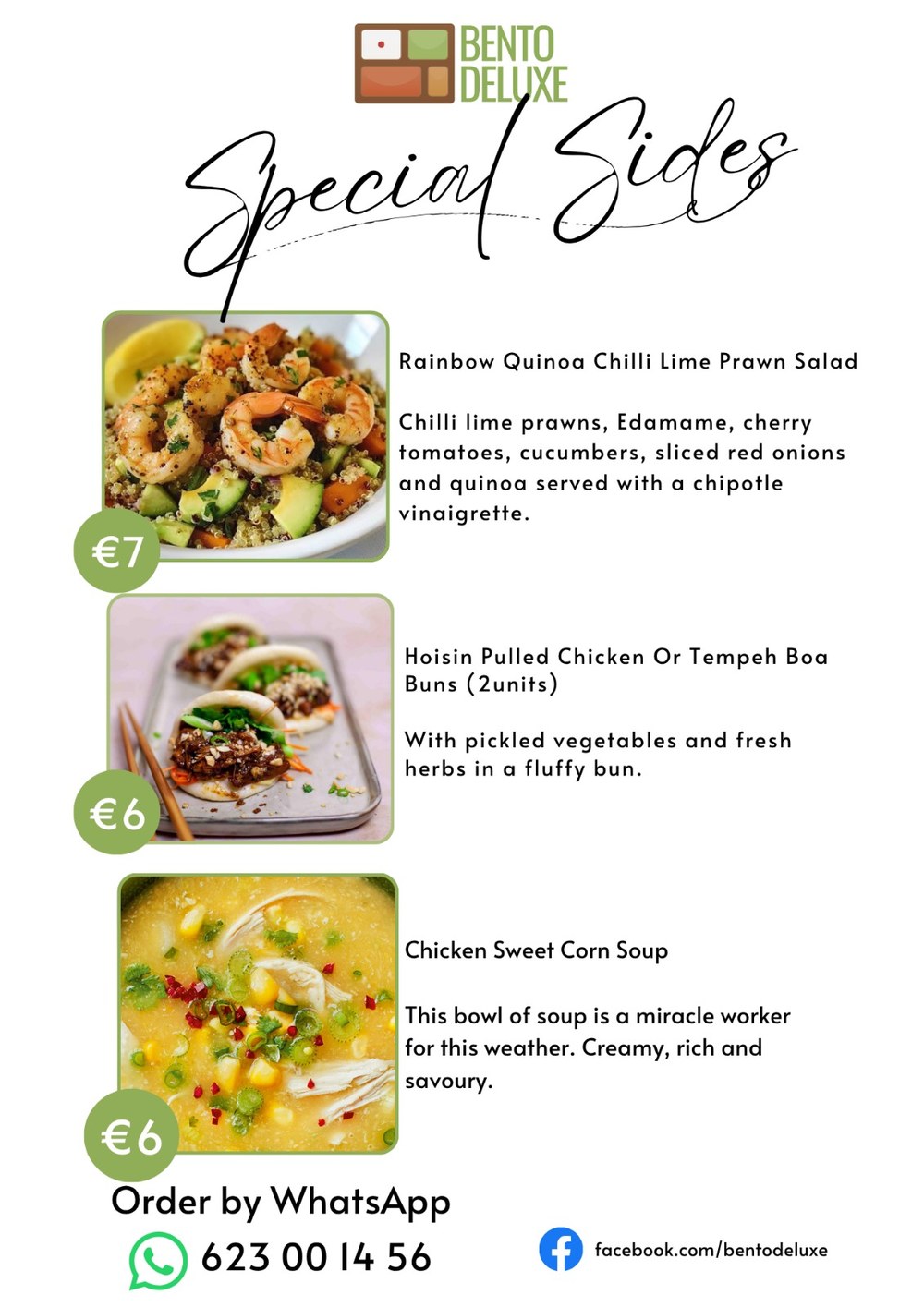 The Bento Deluxe sides card for 17 September 2026, listing Rainbow Quinoa Chilli Lime Prawn Salad, Hoisin Pulled Chicken or Tempeh Bao Buns and Chicken Sweet Corn Soup