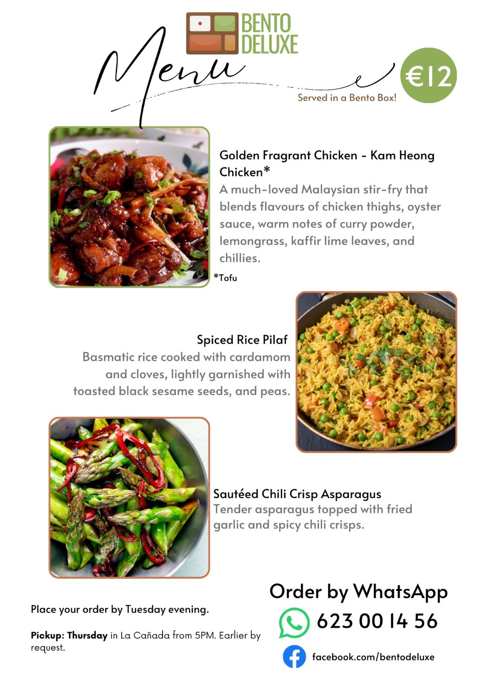 The Bento Deluxe menu card for 17 September 2026, listing Golden Fragrant Chicken (Kam Heong Chicken), Spiced Rice Pilaf and Sauteed Chilli Crisp Asparagus