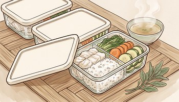 Meal prep boxes of rice, chicken and vegetables with a bowl of broth