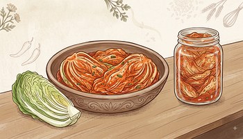 Jars of home-made kimchi with napa cabbage and daikon