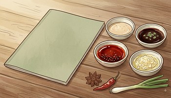 The Hot Pot Creativity handout beside broths, spices and dipping sauces
