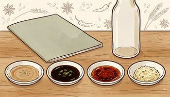 The Ultimate Umami handout beside soy, vinegar and fermented pastes
