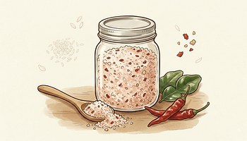 A jar of roasted chilli salt with dried chillies and basil