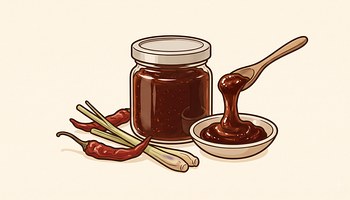 A jar of home-made sambal with chillies, shallots and a pestle and mortar
